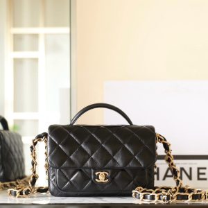 cc 24a flap bag 20cm top handle black  lambskin gold hardware