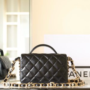 cc 24a flap bag 20cm top handle black  lambskin gold hardware