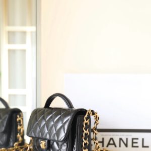 cc 24a flap bag 20cm top handle black  lambskin gold hardware