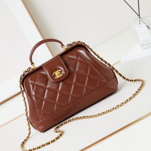 20240816_i1723823932_4052_0_jpg CC 24A Top Handle 23.5cm Brown Wax Leather Gold Hardware 238471