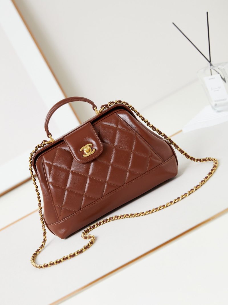 20240816_i1723823932_4052_0_jpg CC 24A Top Handle 23.5cm Brown Wax Leather Gold Hardware 238471