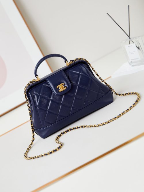 CC 24A Top Handle 23.5cm Night Blue Wax Leather Gold Hardware 238473