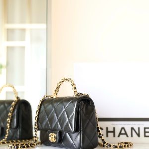 24B Mini Flap Bag With Top Handle 19cm Black Lambskin