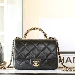 24B Mini Flap Bag With Top Handle 19cm Black Lambskin