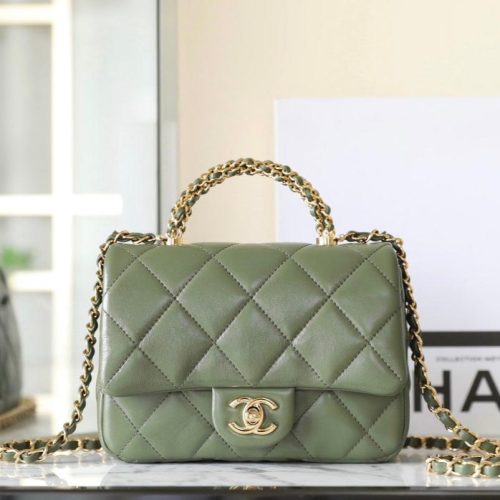 24b mini flap bag 19cm top handle green lambskin