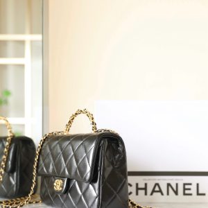 24B Small Flap Bag With Top Handle 25cm Black Lambskin