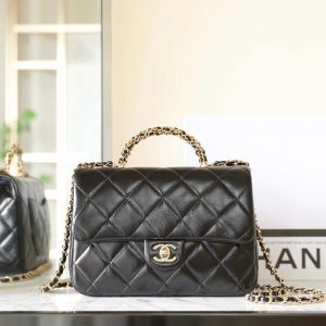 24B Small Flap Bag With Top Handle 25cm Black Lambskin