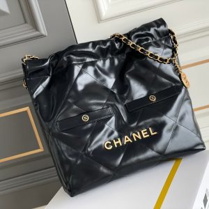 24B CC 22 Hobo Bag 35cm Black Lambskin Gold Hardware