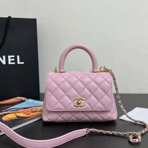 Coco Handle Flap Bag 19cm Pink Grained Calfskin Gold Hardware