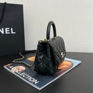 Coco Handle Flap Bag 19cm Black Grained Calfskin Gold Hardware