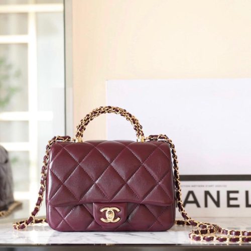 24B Mini Flap Bag With Top Handle 19cm Burgundy Lambskin