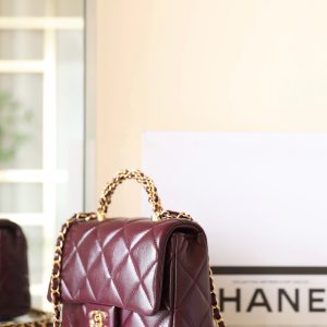 24B Mini Flap Bag With Top Handle 19cm Burgundy Lambskin