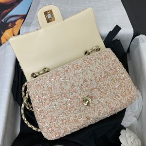 25C Flap Bag 20cm Beige Polka Dot Silver Sequin Calfskin