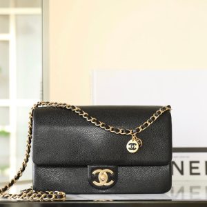 CC 24K Flap Bag 23cm Black Grained Calfskin Gold Hardware