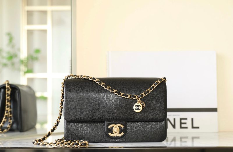 CC 24K Flap Bag 23cm Black Grained Calfskin Gold Hardware