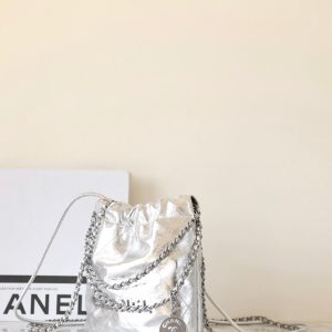 25C Hobo 22 Bag 19cm Silver Metalic Lambskin