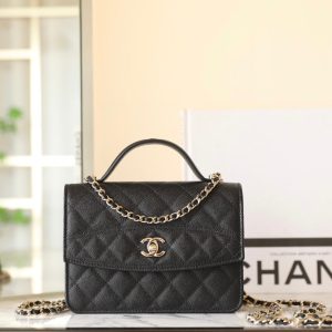 25C Flap Bag With Top Handle 18cm Black Grained Calfskin