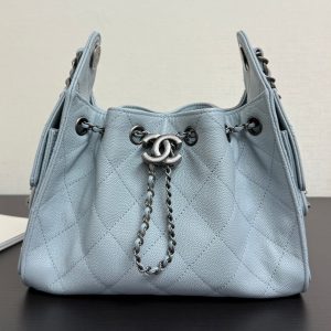 Chanel 2026 Hobo Bag 22cm Light Blue Grained Calfskin With Silver Hardware