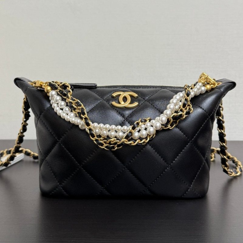 Chanel 2026 Matelassé Pearl Chain Bag Black Lambskin