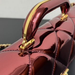 CC Large Flap Bag With Top Handle Burgundy Metallic Calfskin GHW