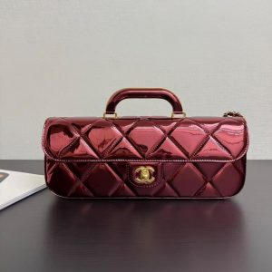 CC Large Flap Bag With Top Handle Burgundy Metallic Calfskin GHW