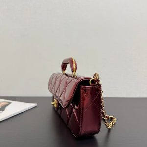 CC Large Flap Bag With Top Handle Burgundy Metallic Calfskin GHW
