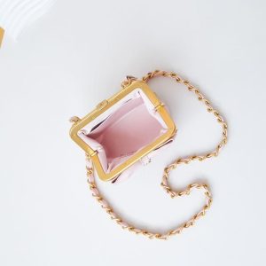 CC 24A Bowknot Kiss Lock Clutch Bag with Chain 13cm Pink Lambskin