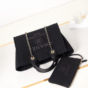 cc deauville shopping small tote 33cm black mixed fabric calfskin