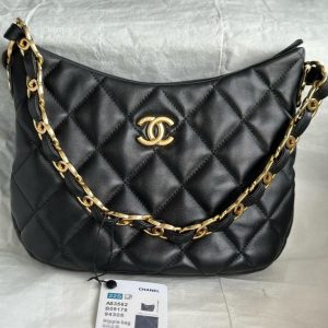 CC 24K Hobo Bag 23cm Black Shiny Lambskin