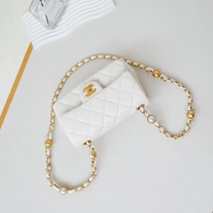 CC 24F Flap Bag White Lambskin Pearl Gold Hardware