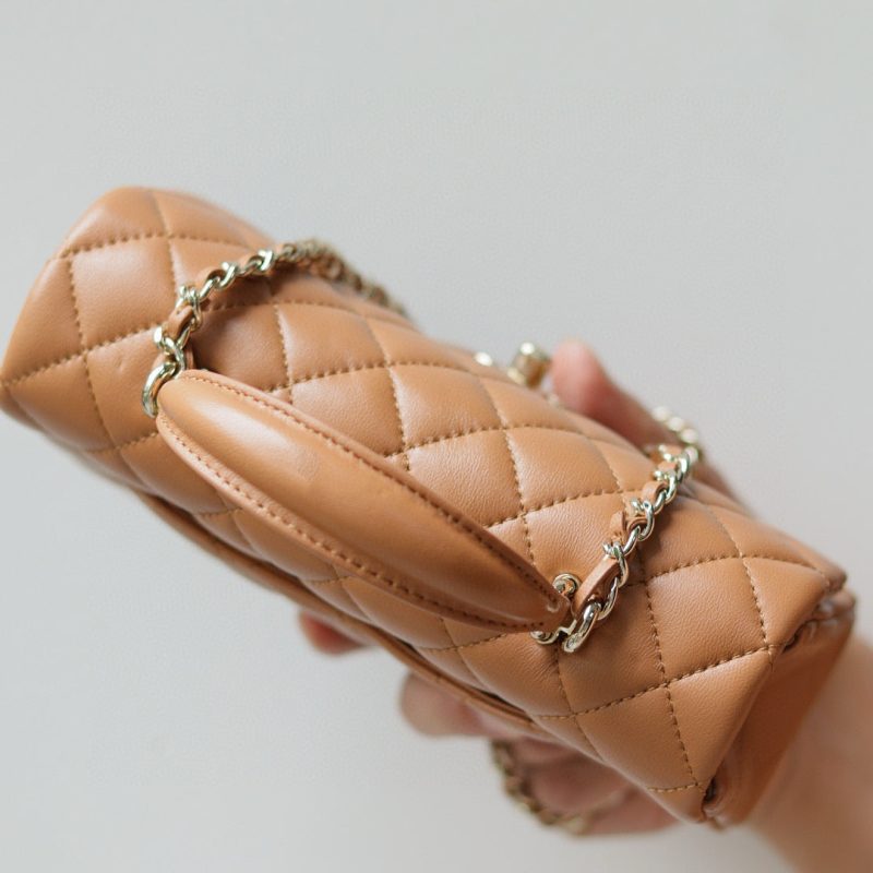 Mini Flap Bag With Top Handle 20cm Brown Lambskin Light Gold Hardware