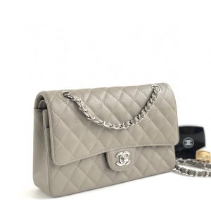 CC CLASSIC FLAP 25CM GRAY CAVIAR SILVER HARDWARE