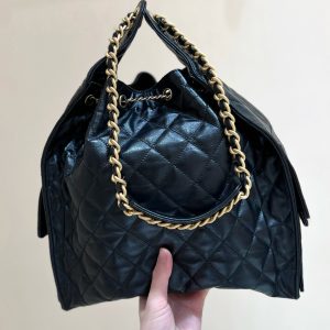 CC 25C Hobo Bag Large 40cm Balck Polished Calfskin Gold Hardware