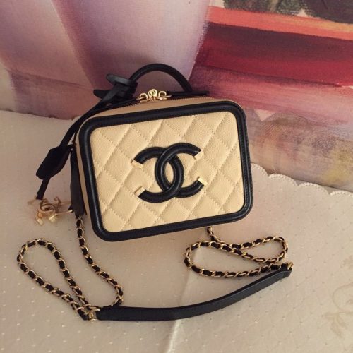 CC Filigree Vanity Case Bag Black Beige Quilted Caviar Leather