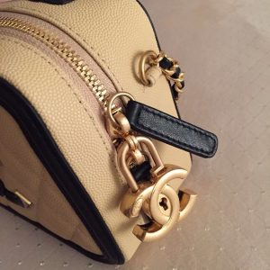 CC Filigree Vanity Case Bag Black Beige Quilted Caviar Leather