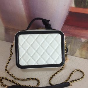 CC Filigree Vanity Case Bag Black White Quilted Caviar Leather
