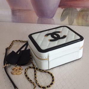 CC Filigree Vanity Case Bag Black White Quilted Caviar Leather