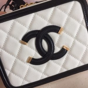 CC Filigree Vanity Case Bag Black White Quilted Caviar Leather