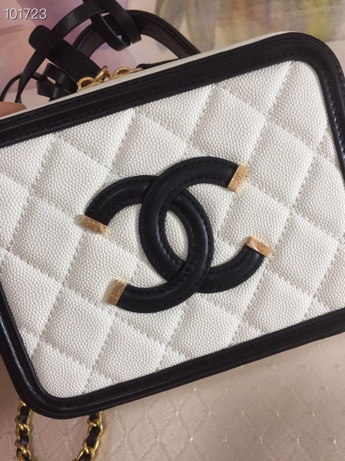 CC Filigree Vanity Case Bag Black White Quilted Caviar Leather
