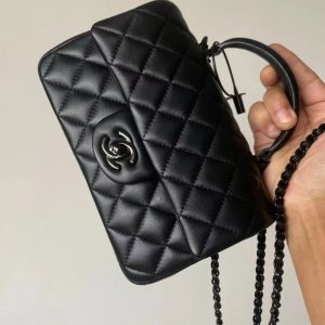 25C Mini Flap Bag Top Handle 20cm Black Lambskin Black Hardware Premium Version