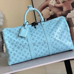 LV Keepall Bandouliere 50 Travel Bag Light Blue Monogram Calfskin