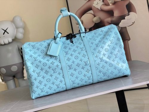 LV Keepall Bandouliere 50 Travel Bag Light Blue Monogram Calfskin