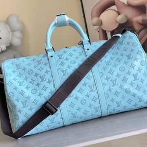 LV Keepall Bandouliere 50 Travel Bag Light Blue Monogram Calfskin