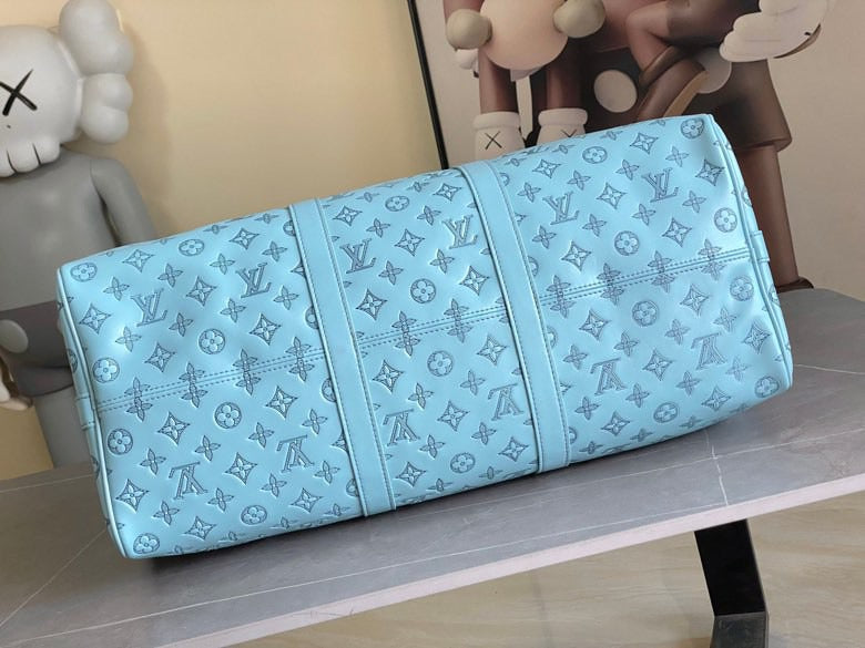 LV Keepall Bandouliere 50 Travel Bag Light Blue Monogram Calfskin