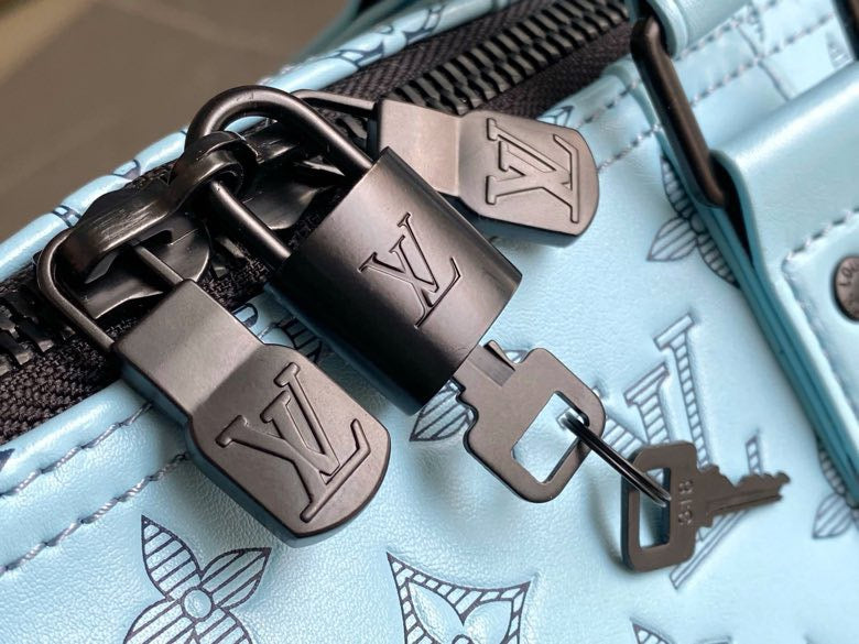 LV Keepall Bandouliere 50 Travel Bag Light Blue Monogram Calfskin