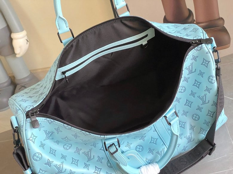 LV Keepall Bandouliere 50 Travel Bag Light Blue Monogram Calfskin