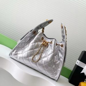 CC 25C Hobo Bags 30cm Silver Metallic Grained Calfskin