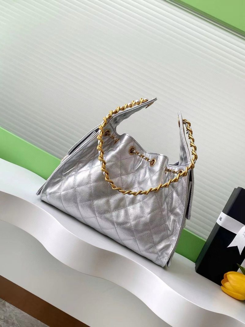 CC 25C Hobo Bags 30cm Silver Metallic Grained Calfskin