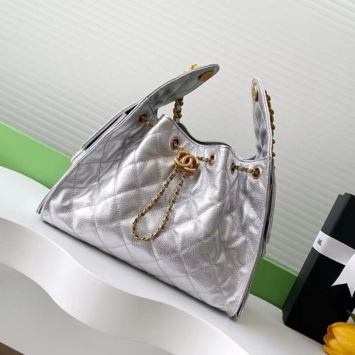 CC 25C Hobo Bags 30cm Silver Metallic Grained Calfskin