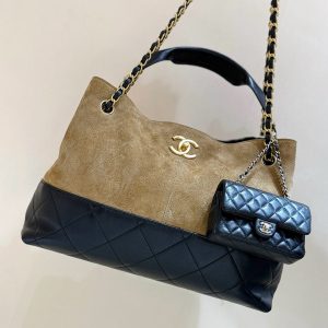 CC 25A Shopping And Bowling Hobo Bags 36cm Brown Suede Black Lambskin